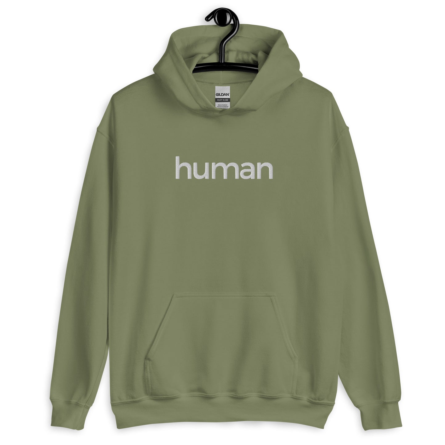 military green hoodie with "human" printed on front in white