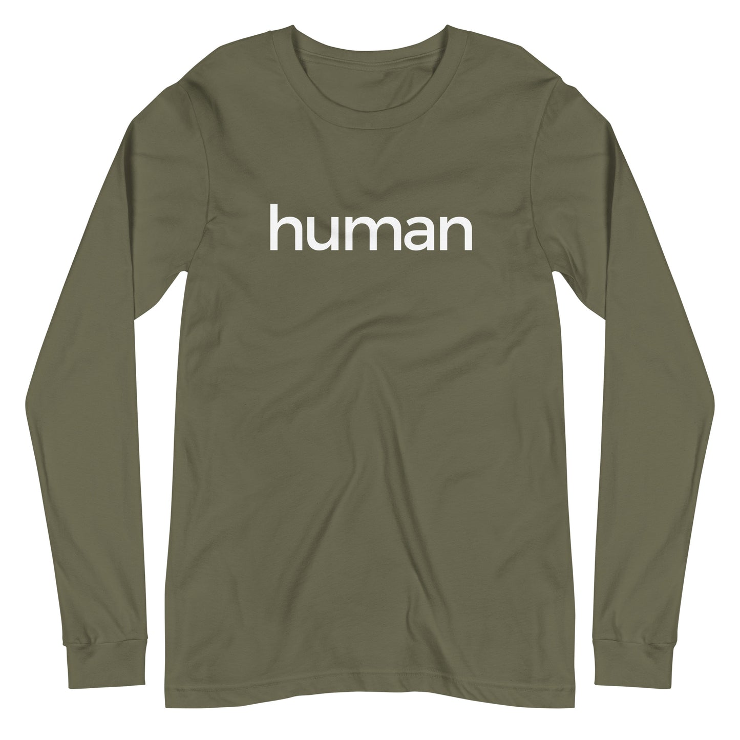 military green long sleeve "human" graphic t-shirt against a white background