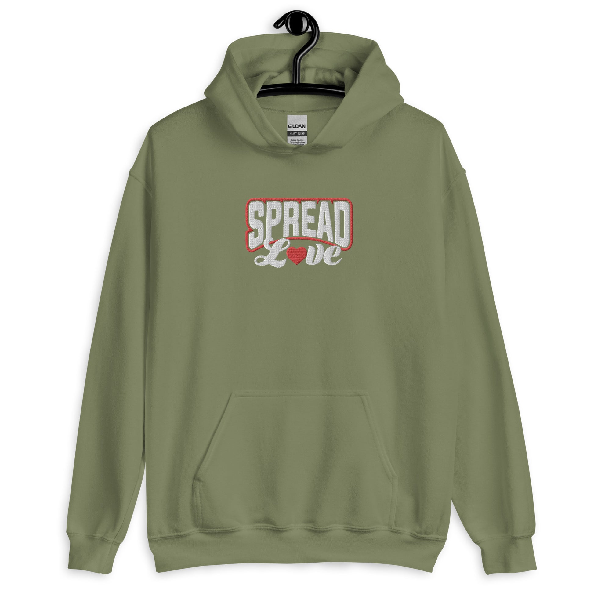 A military green hoodie with 'SPREAD LOVE' text in red and white with red heart symbol instead of the 'o' on the front.