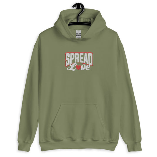 A military green hoodie with 'SPREAD LOVE' text in red and white with red heart symbol instead of the 'o' on the front.