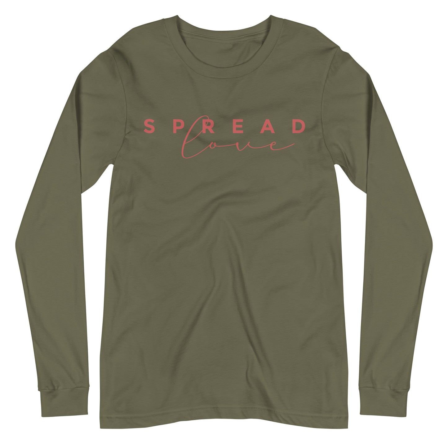 long sleeve military green "spread love" graphic t-shirt against a white background