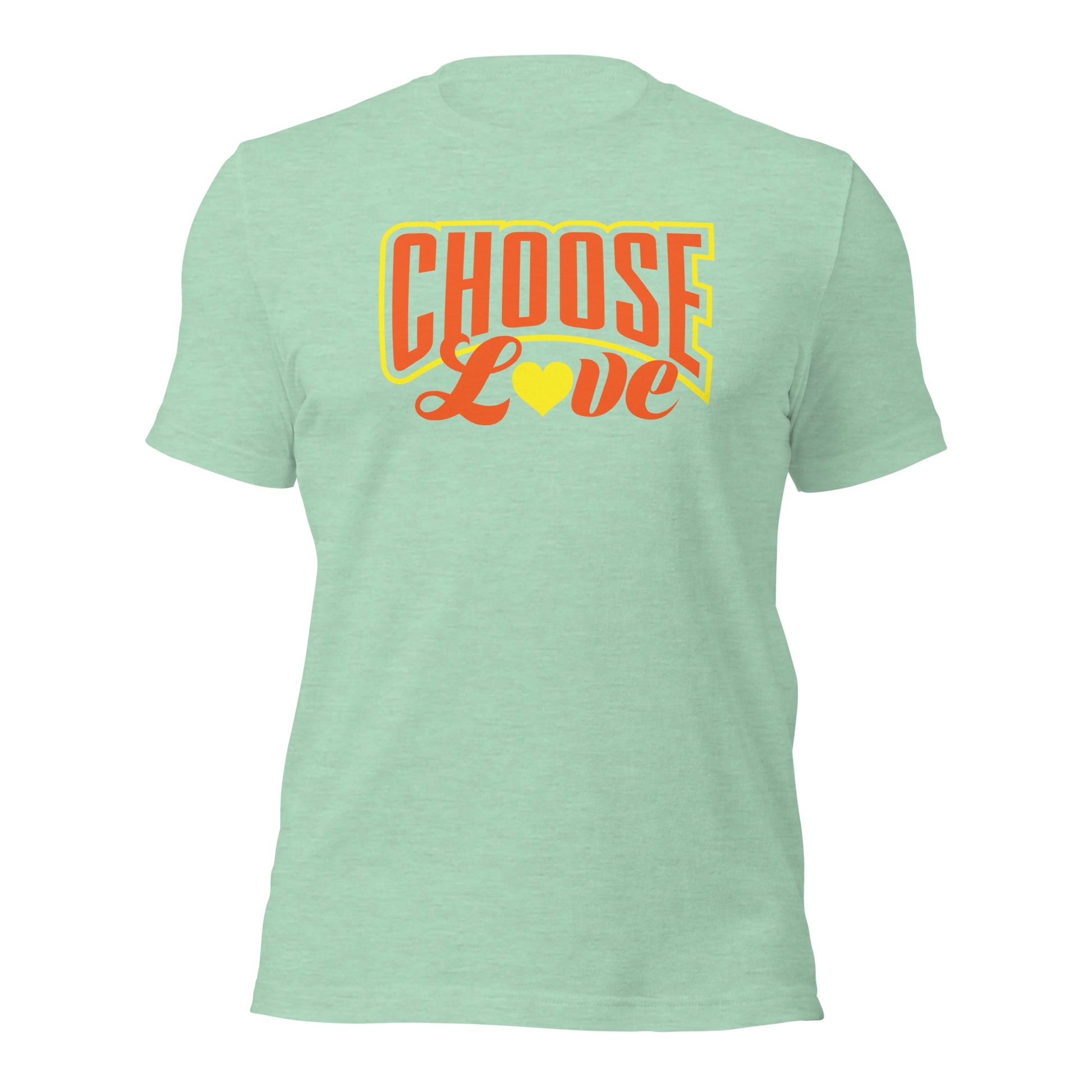 mint heather t-shirt with 'CHOOSE LOVE' orange and yellow text and yellow heart graphic on a white background