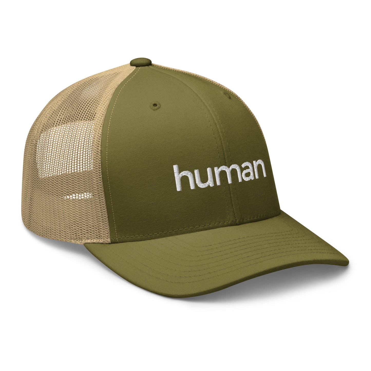 moss-khaki human retro trucker hat against white background