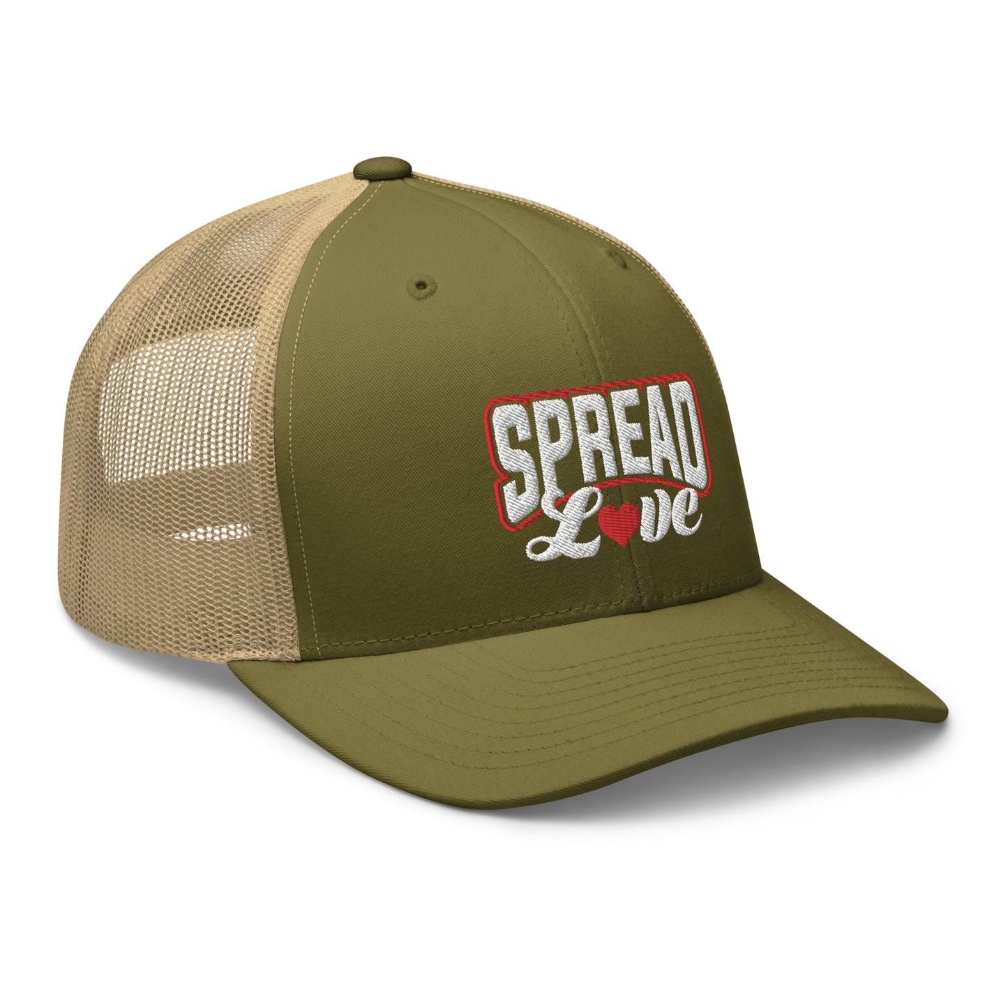 A moss green trucker cap with a breathable khaki mesh back, featuring the text 'SPREAD LOVE' in red and a red heart symbol on the front.
