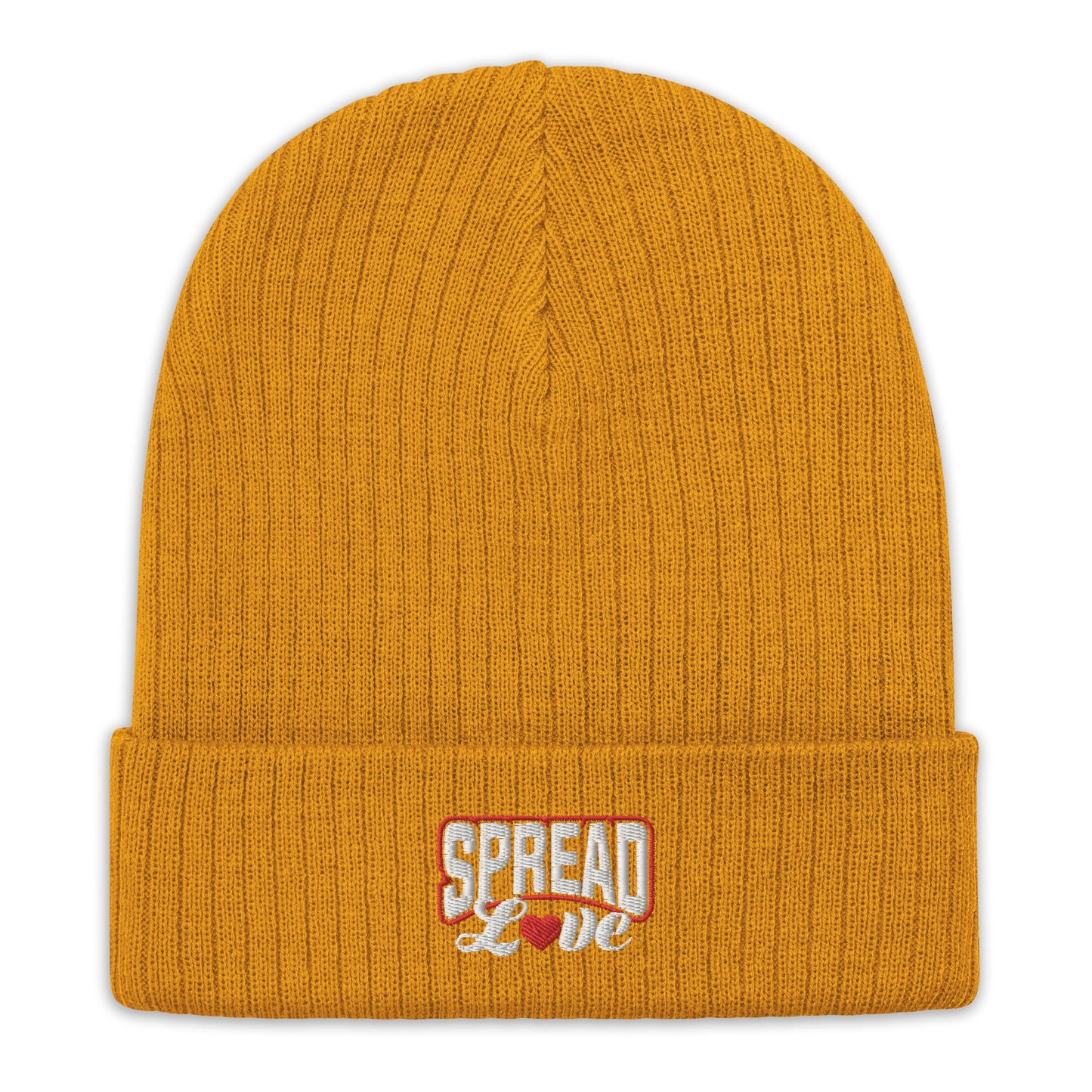 mustard yellow  ribbed knit beanie with "spread love" white text written on the fold 