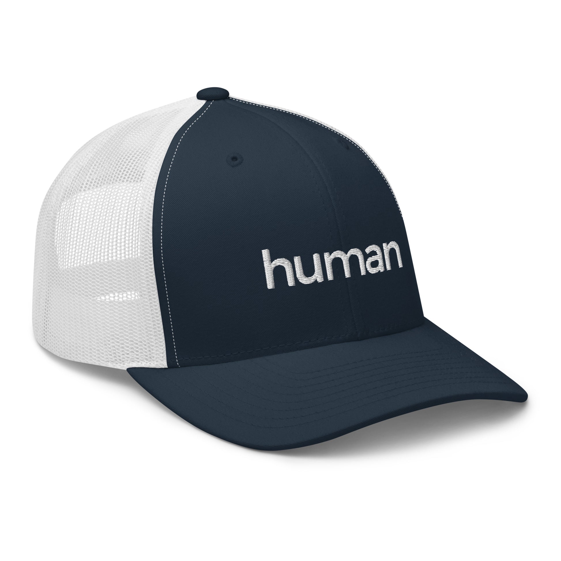 navy-white human retro trucker hat against white background