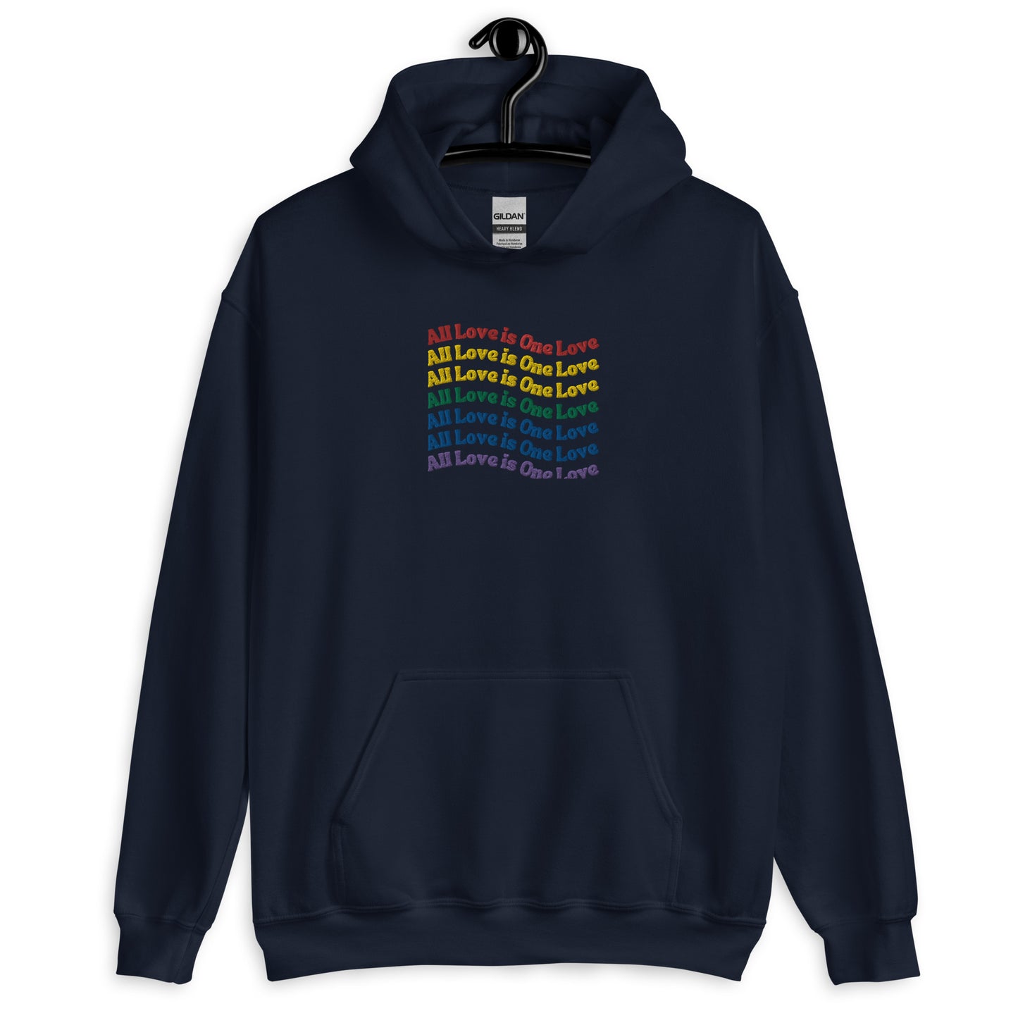 A navy blue hoodie with the text 'All Love is one love' printed across the front in a colorful, rainbow gradient design.
