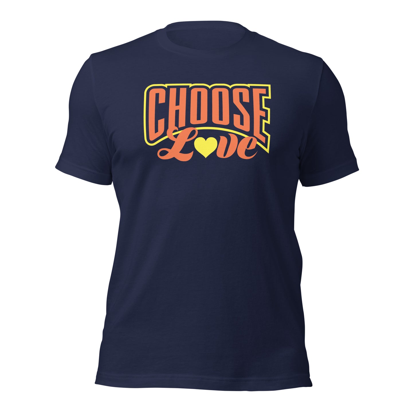 navy blue t-shirt with 'CHOOSE LOVE' orange and yellow text and yellow heart graphic on a white background