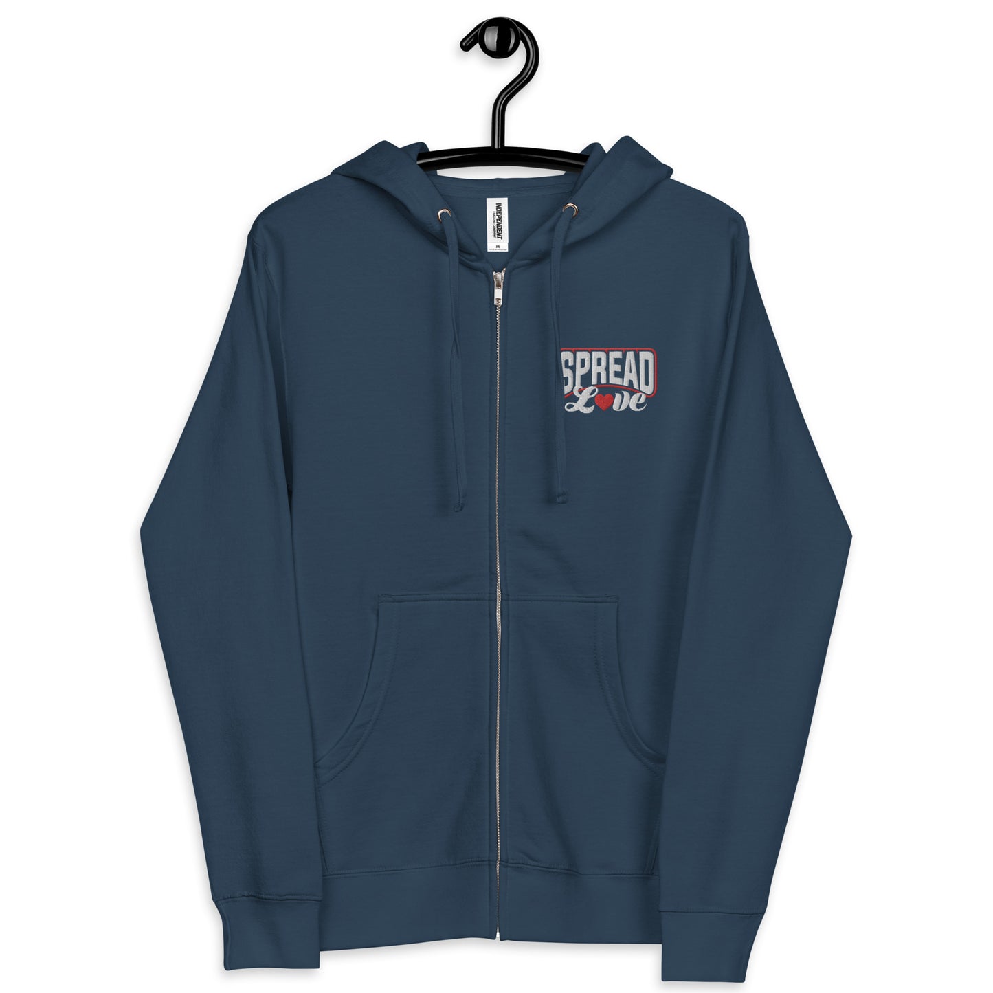 A navy blue fleece zip-up hoodie with 'SPREAD LOVE' text on the front in white with a red heart replacing the "o".