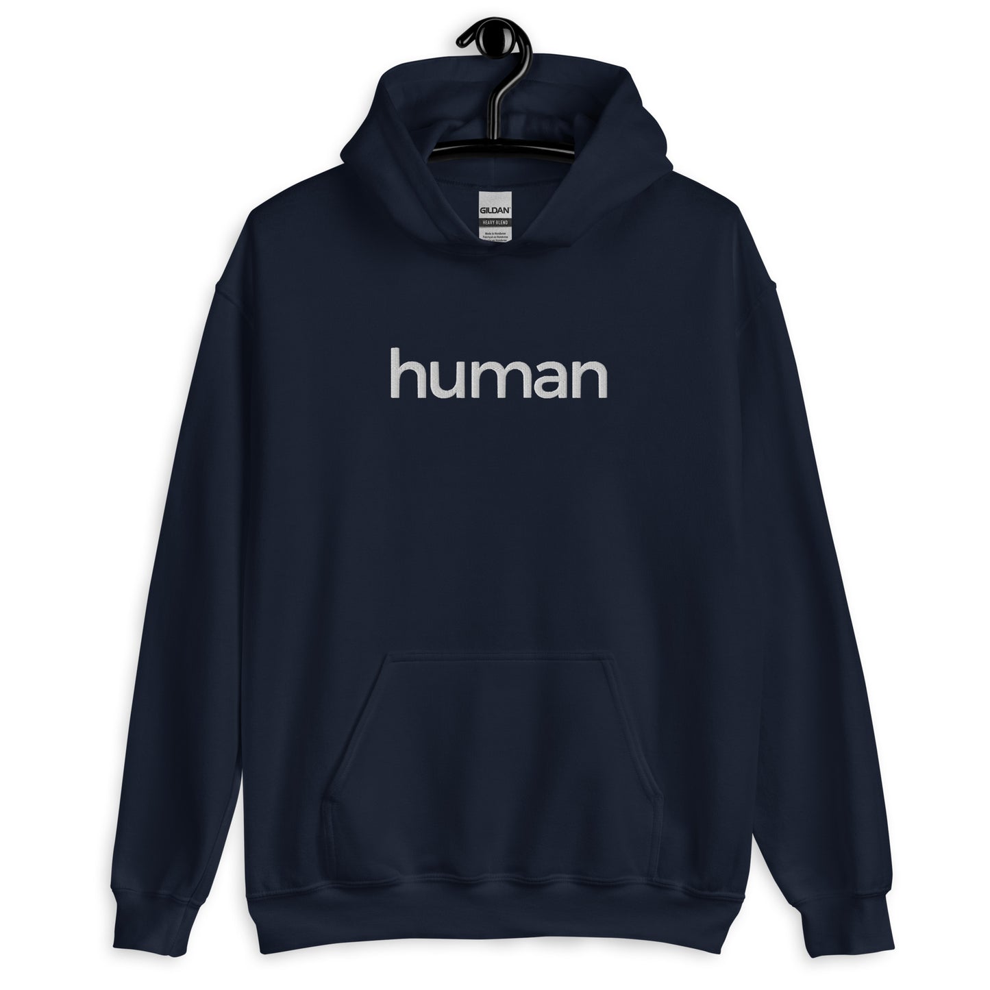 navy blue hoodie with "human" printed on front in white