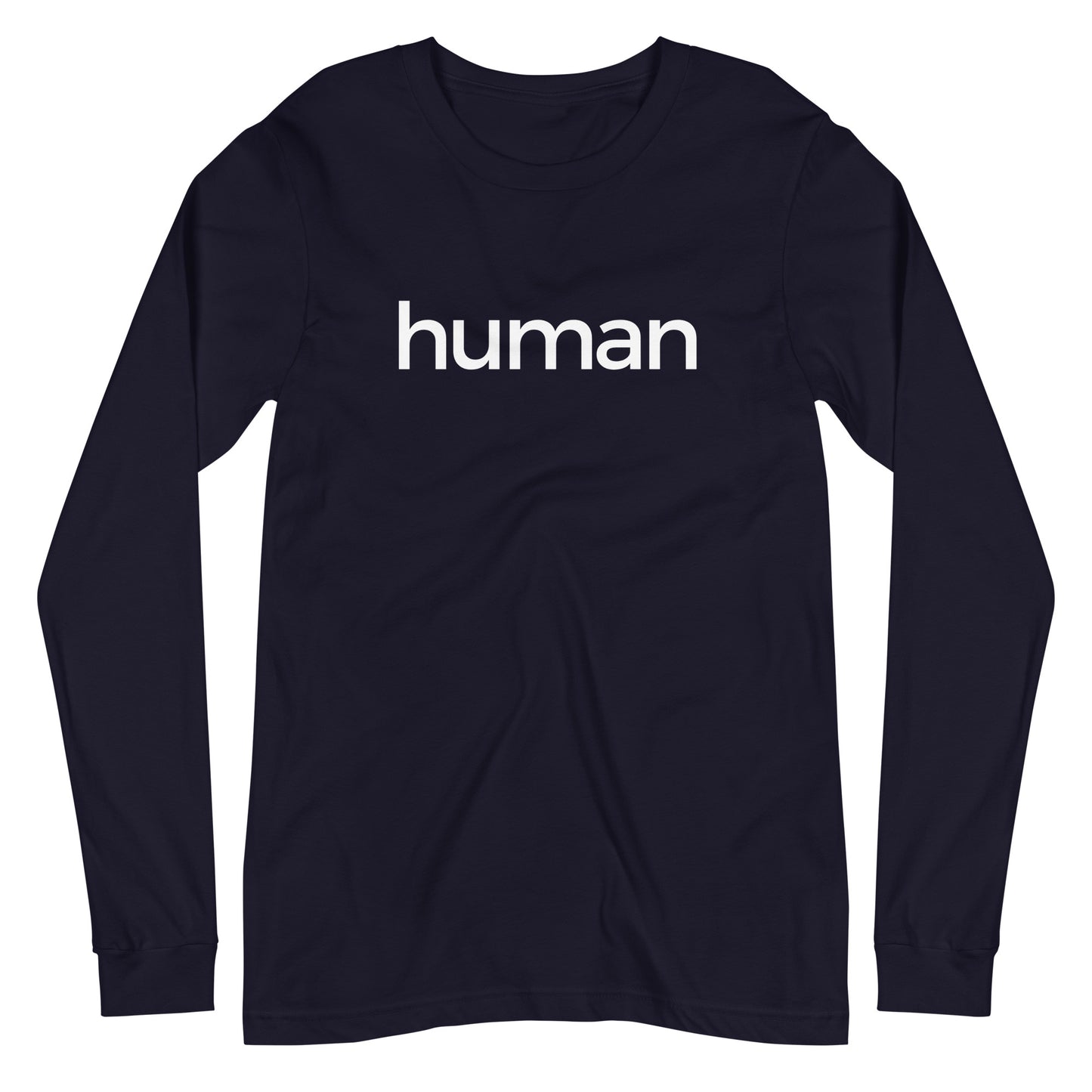navy blue long sleeve "human" graphic t-shirt against a white background