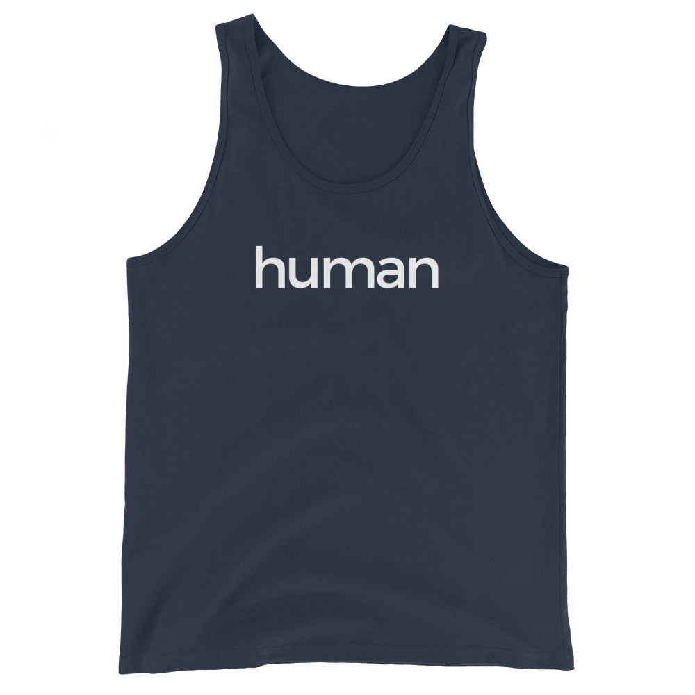 navy blue tank top with 'human' white text on a white background