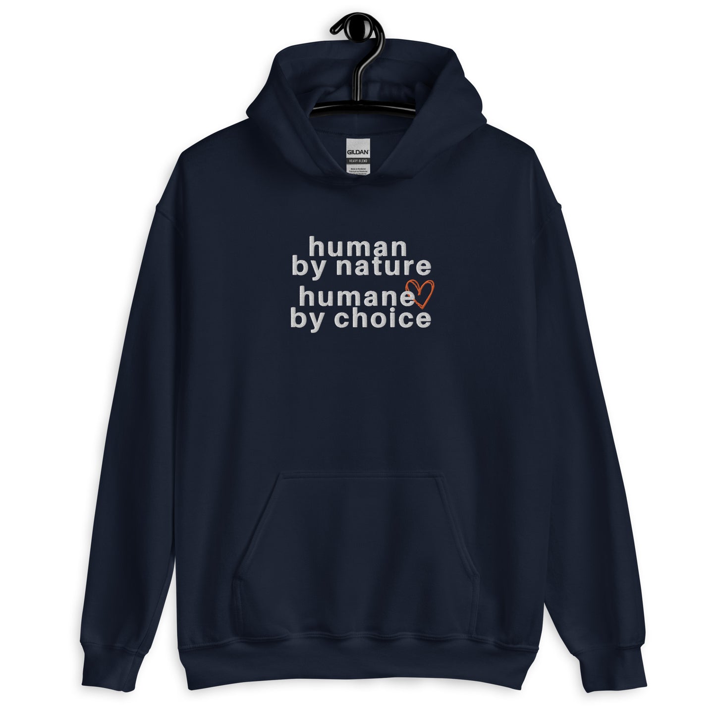 navy blue hoodie with "Human by nature, humane by choice" graphic on front with red heart outline behind the "e" in humane