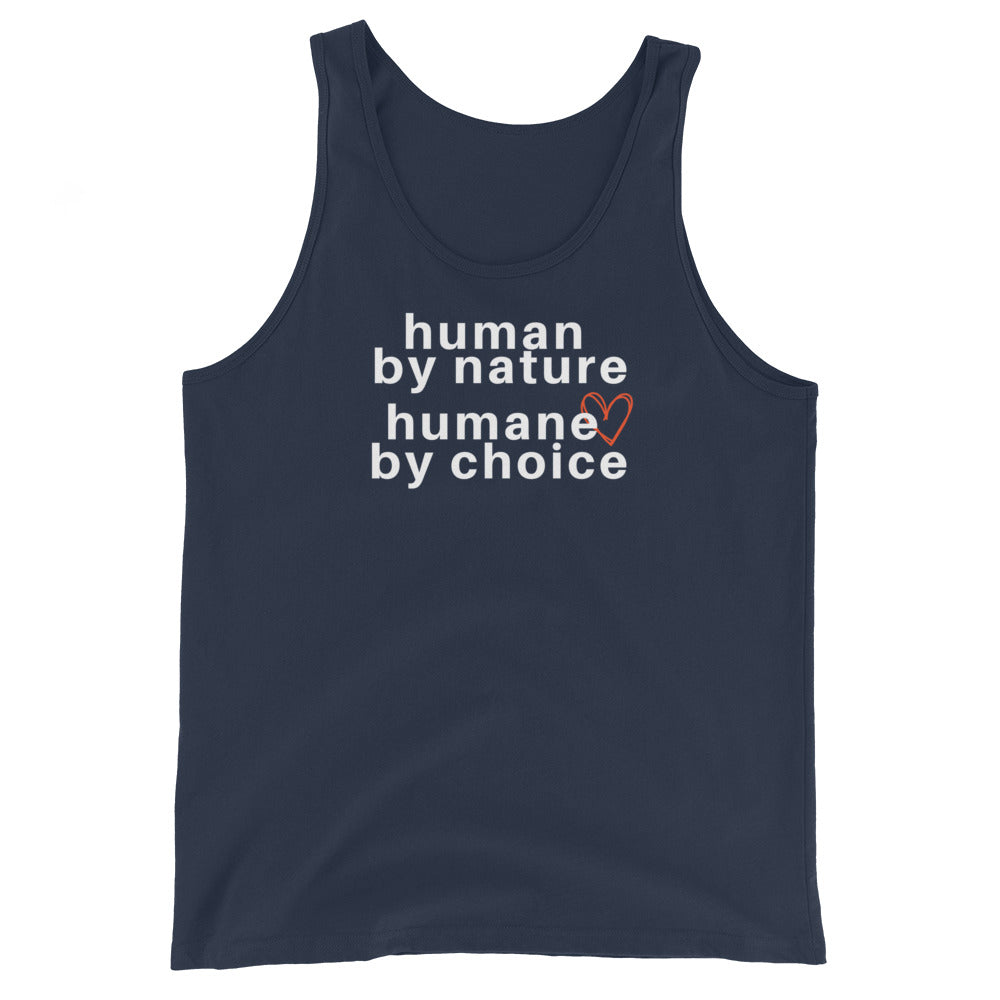 navy blue tank top with text 'human by nature, humane by choice' on a white background