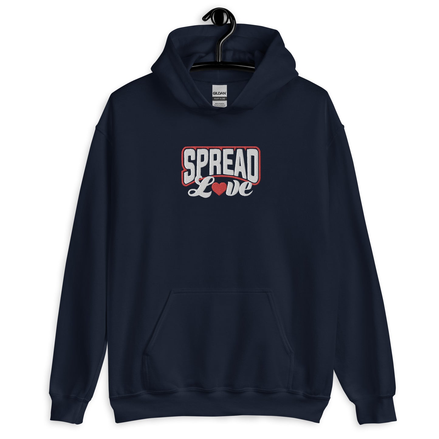 A navy blue hoodie with 'SPREAD LOVE' text in red and white with red heart symbol instead of the 'o' on the front.