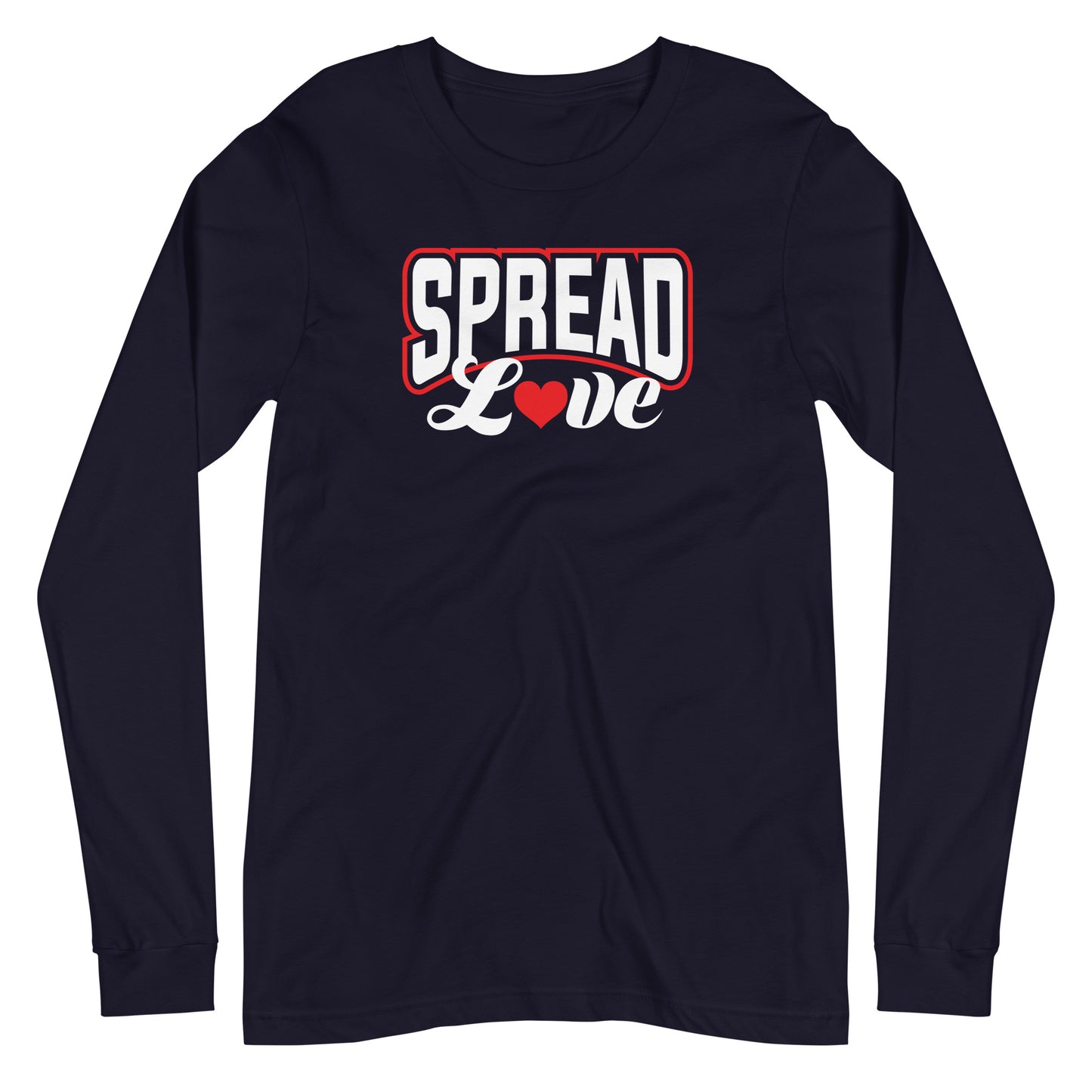 navy blue long sleeve t-shirt with "spread love" graphic with red heart replacing the "o" against a white background