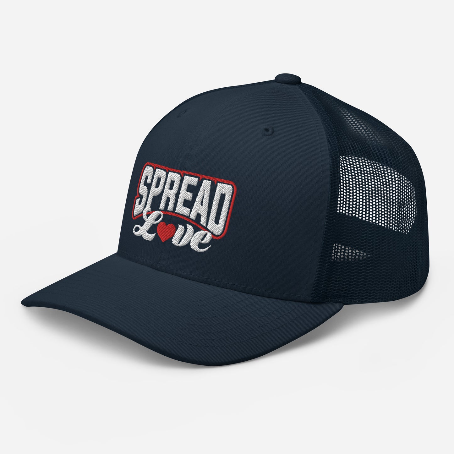 A navy blue trucker cap with a breathable mesh back, featuring the text 'SPREAD LOVE' in red and a red heart symbol on the front.