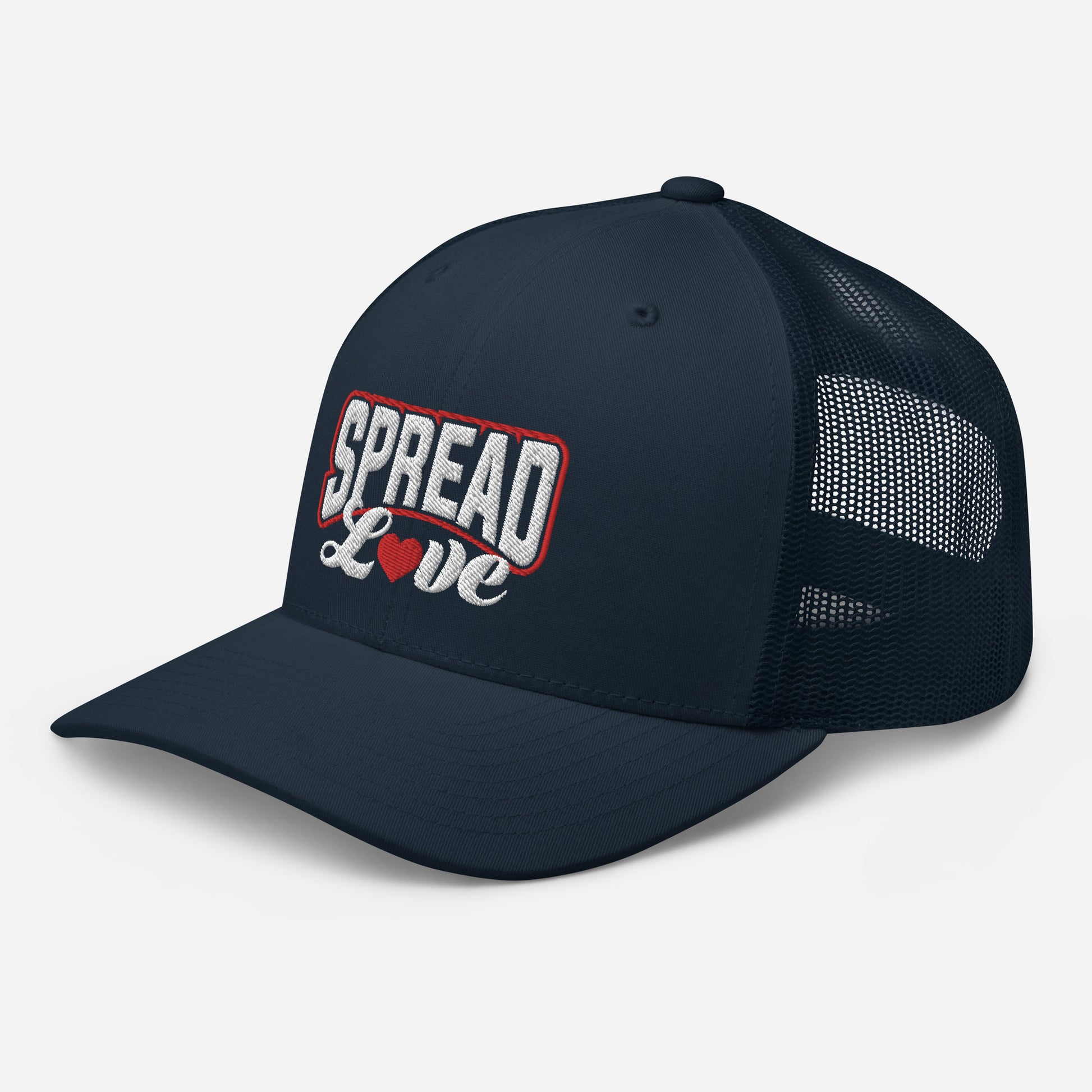 A navy blue trucker cap with a breathable mesh back, featuring the text 'SPREAD LOVE' in red and a red heart symbol on the front.