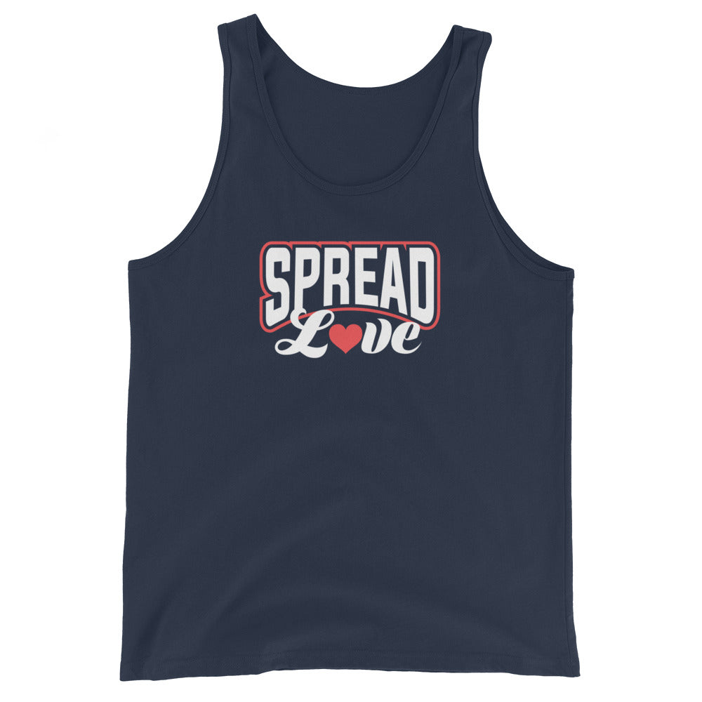 navy blue tank top with 'Spread Love' red and white text and red heart replacing the "o" in love on a white background