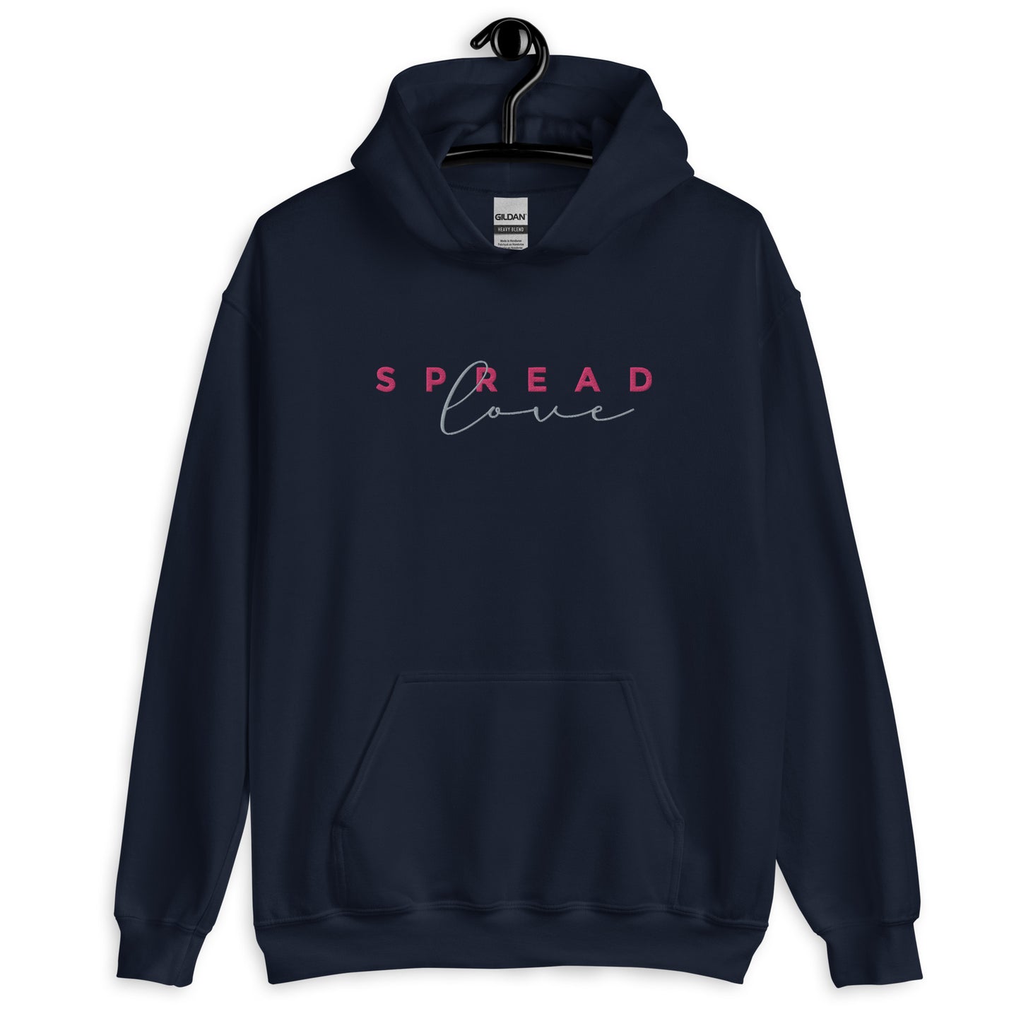 A navy blue hoodie with the text 'SPREAD LOVE' in red and gray on the front.