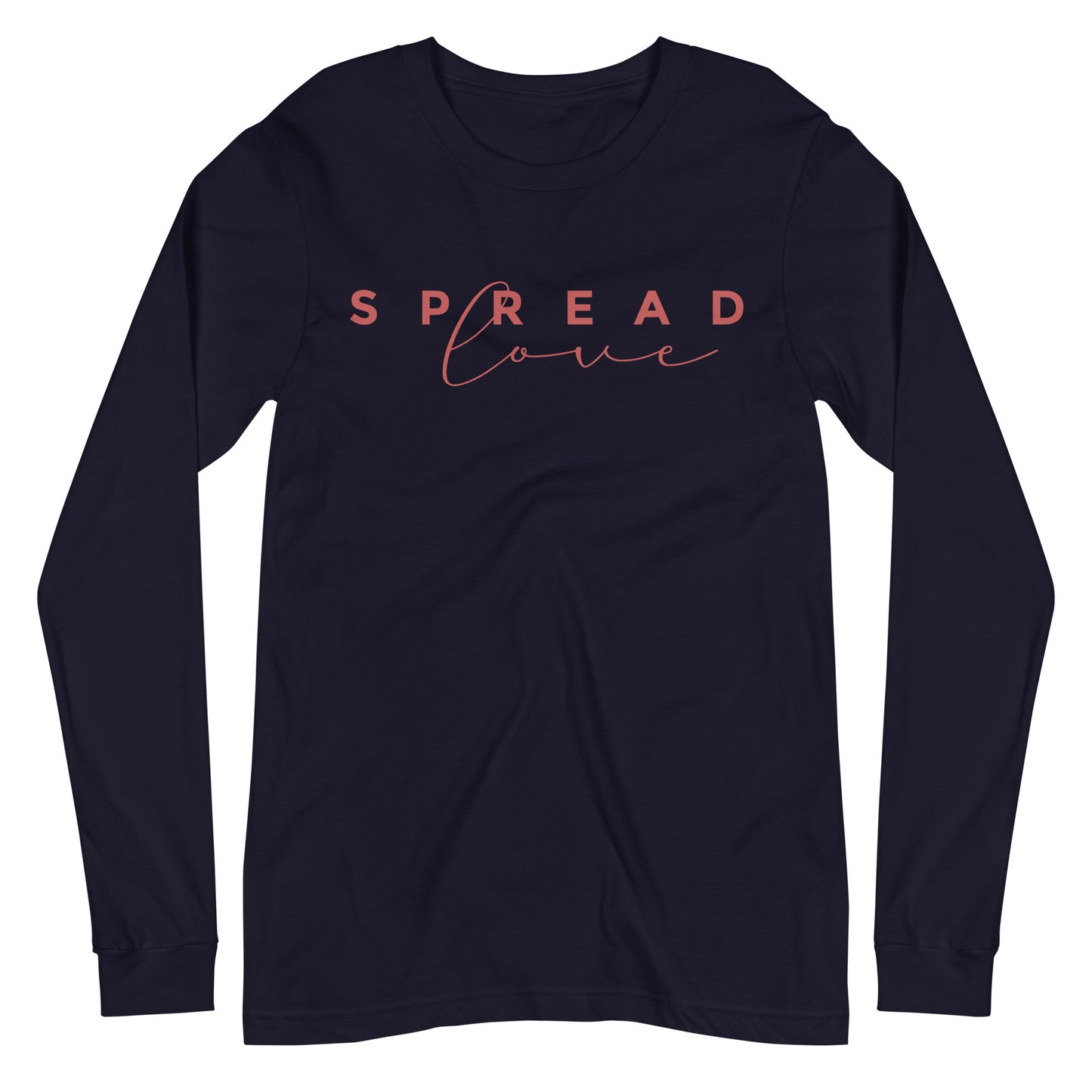 long sleeve navy blue "spread love" graphic t-shirt against a white background
