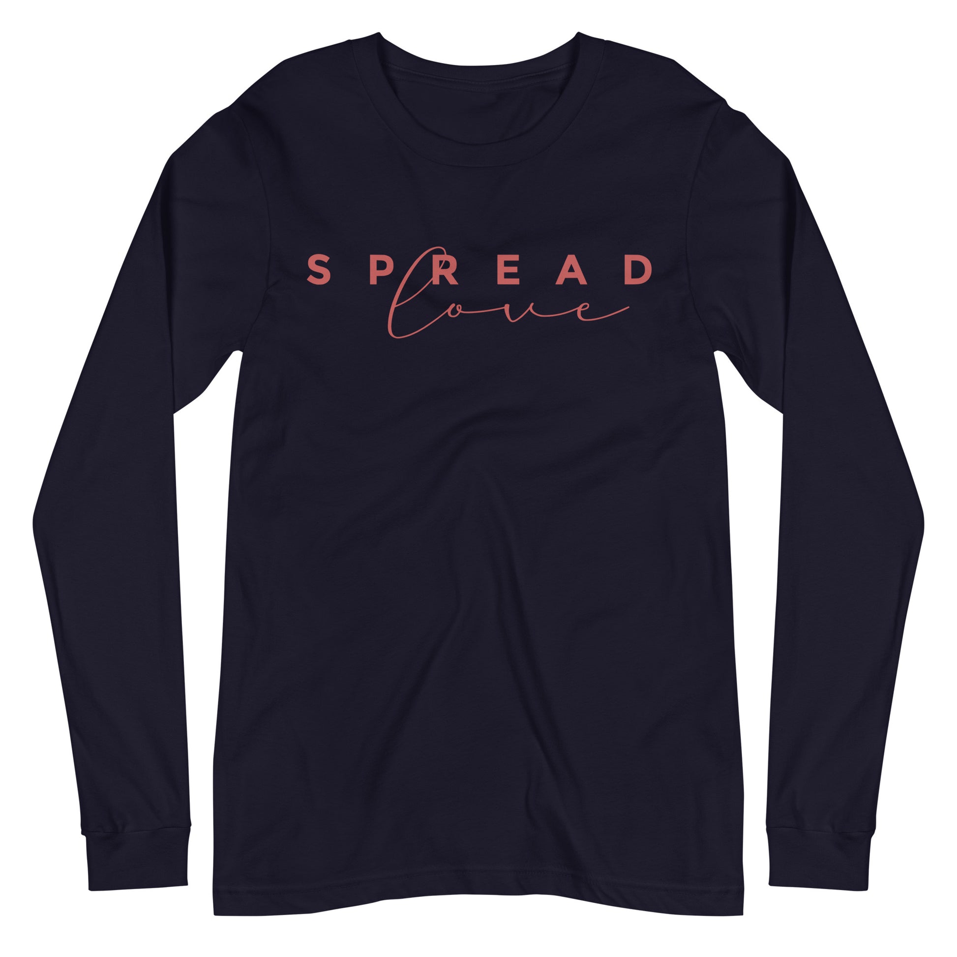 long sleeve navy blue "spread love" graphic t-shirt against a white background
