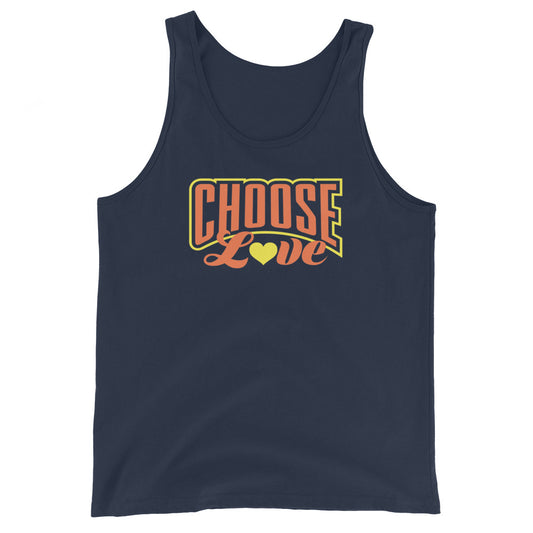 Navy blue tank top with 'CHOOSE LOVE' orange and yellow text and yellow heart symbol replacing the "o" in love on a white background