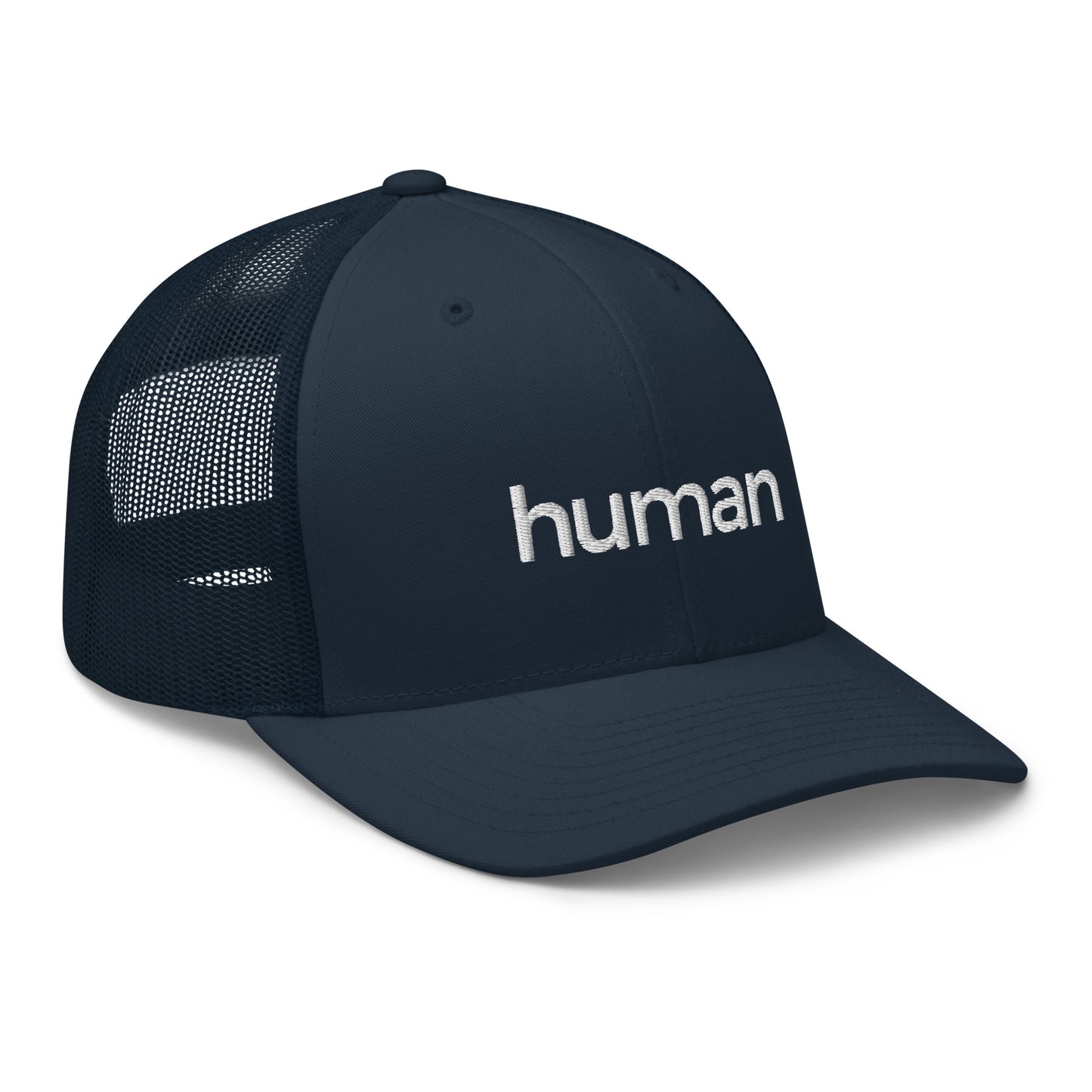 navy human retro trucker hat against white background