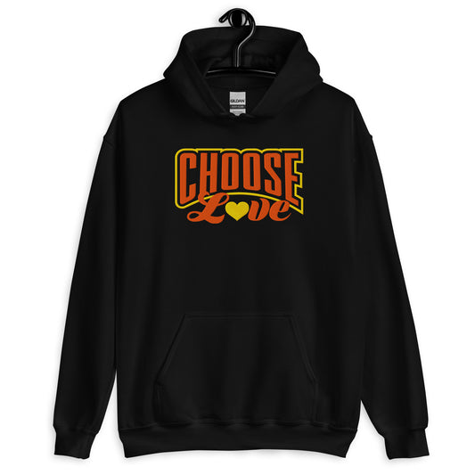 black hoodie with retro "choose love" graphic on chest with yellow heart replacing the 'o' in love