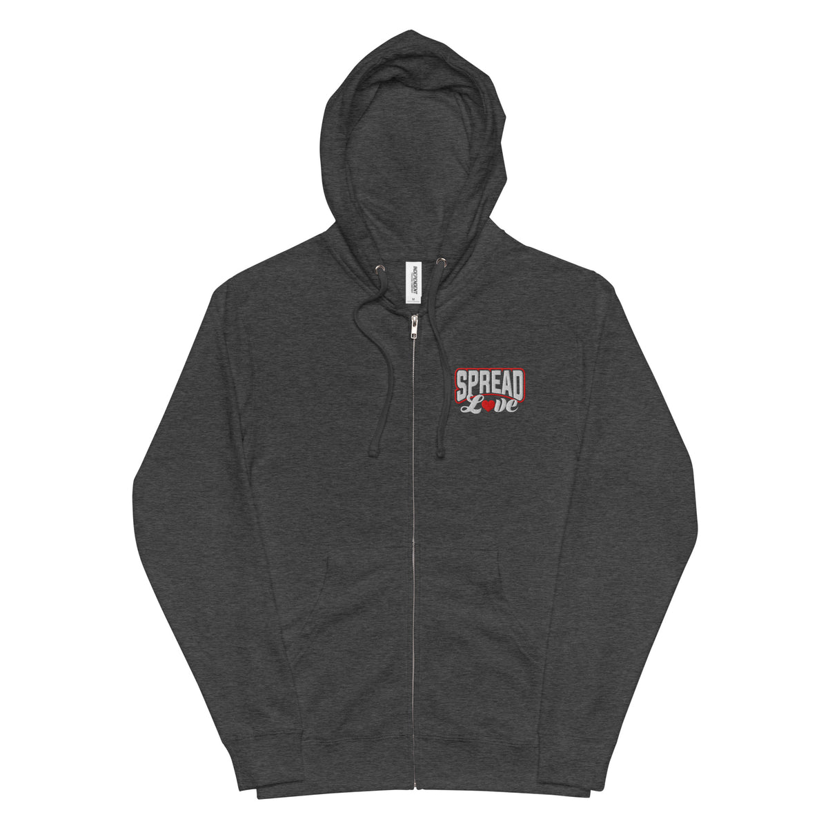 A charcoal nelalena fleece zip-up hoodie with 'SPREAD LOVE' text on the front in white with a red heart replacing the "o".