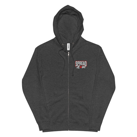 A charcoal nelalena fleece zip-up hoodie with 'SPREAD LOVE' text on the front in white with a red heart replacing the "o".