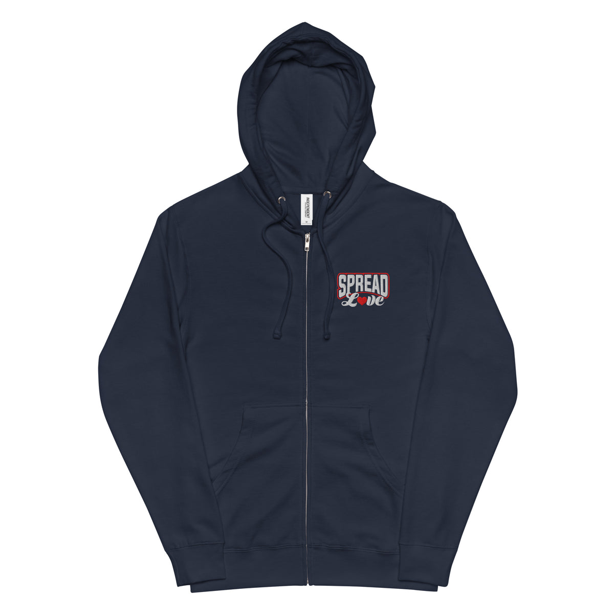 A navy nelalena fleece zip-up hoodie with 'SPREAD LOVE' text on the front in white with a red heart replacing the "o".