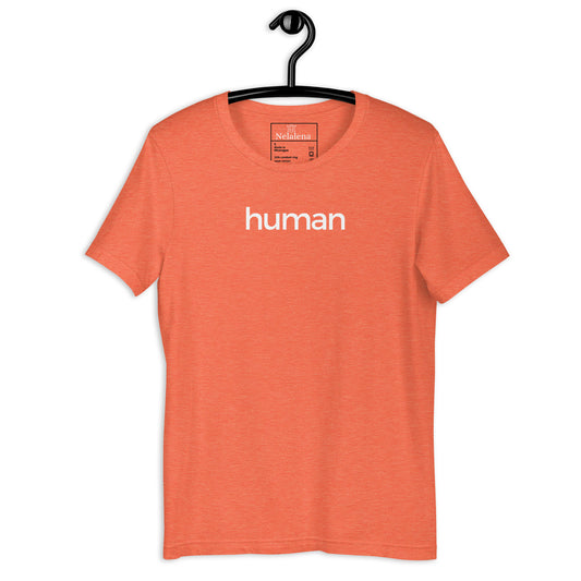 A heather orange t-shirt hanging on a black hanger against a white background, featuring the word 'human' printed in white lowercase letters across the chest.