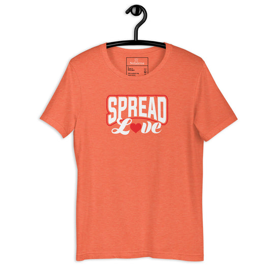 A heather orange short-sleeve t-shirt hanging on a black hanger against a white background, featuring a graphic on the chest that reads 'SPREAD Love' with a red heart.
