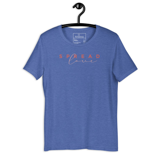 A light royal blue short-sleeve crewneck t-shirt hanging on a black hanger against a white background. The shirt features the text 'SPREAD love' printed across the chest in pink, with 'love' in a cursive font.
