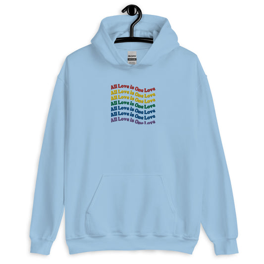 A light blue hoodie with the text 'All Love is one love' printed across the front in a colorful, rainbow gradient design.