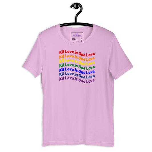 A light pink short-sleeve t-shirt hanging on a black hanger against a white background. The shirt features a graphic design with the phrase 'All Love is One Love' repeated in a rainbow color gradient.
