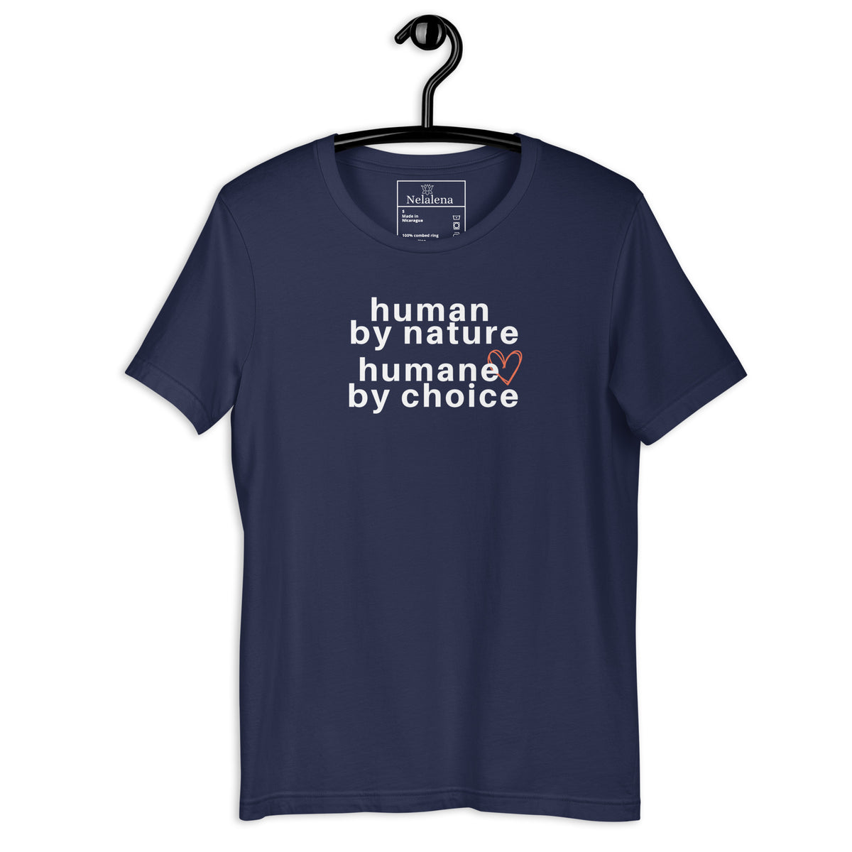 A navy short-sleeve t-shirt hanging on a black hanger against a white background, featuring the text 'human by nature humane by choice' in white with a small orange heart accent.