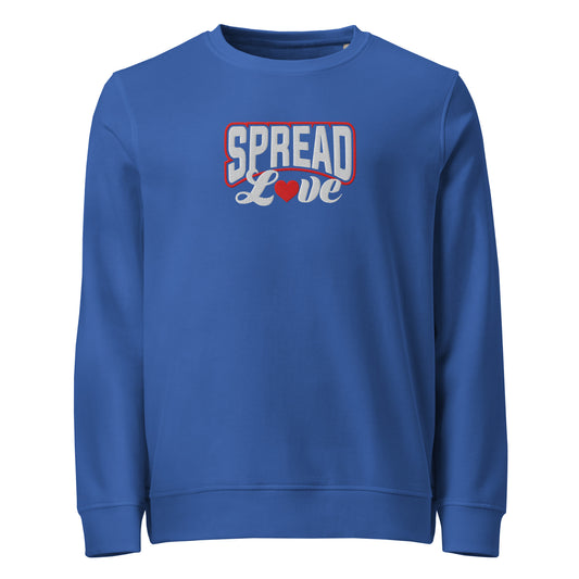 A royal blue crewneck sweatshirt featuring a graphic on the chest that reads 'SPREAD Love' with a red heart, shown against a plain white background.