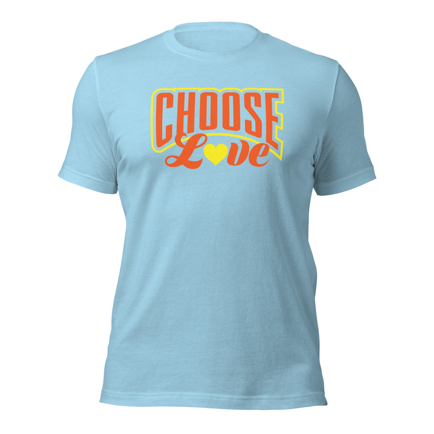 ocean blue t-shirt with 'CHOOSE LOVE' orange and yellow text and yellow heart graphic on a white background
