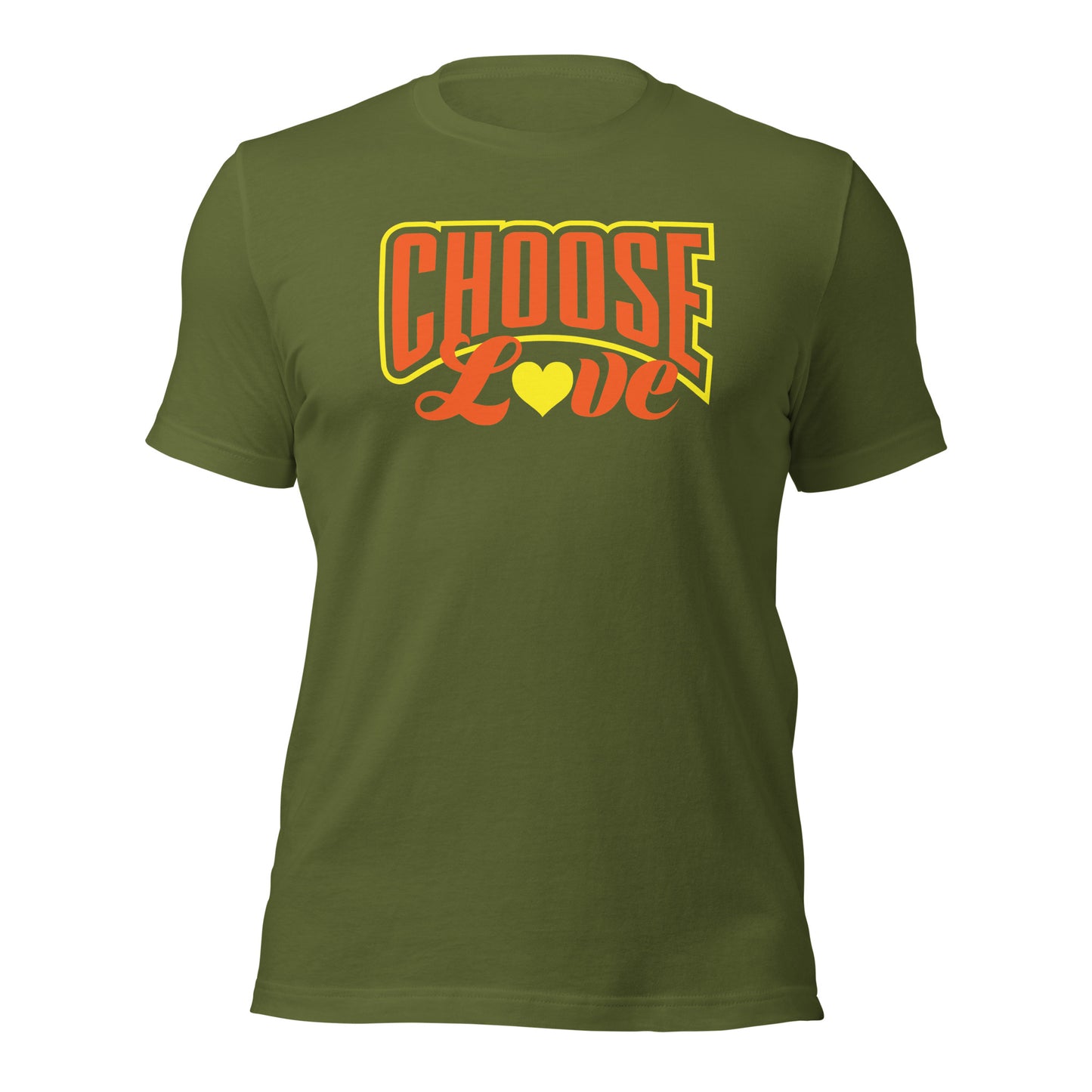 olive green t-shirt with 'CHOOSE LOVE' orange and yellow text and yellow heart graphic on a white background