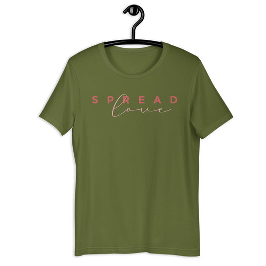 A olive green short-sleeve crewneck t-shirt hanging on a black hanger against a white background. The shirt features the text 'SPREAD love' printed across the chest in pink, with 'love' in a cursive font.