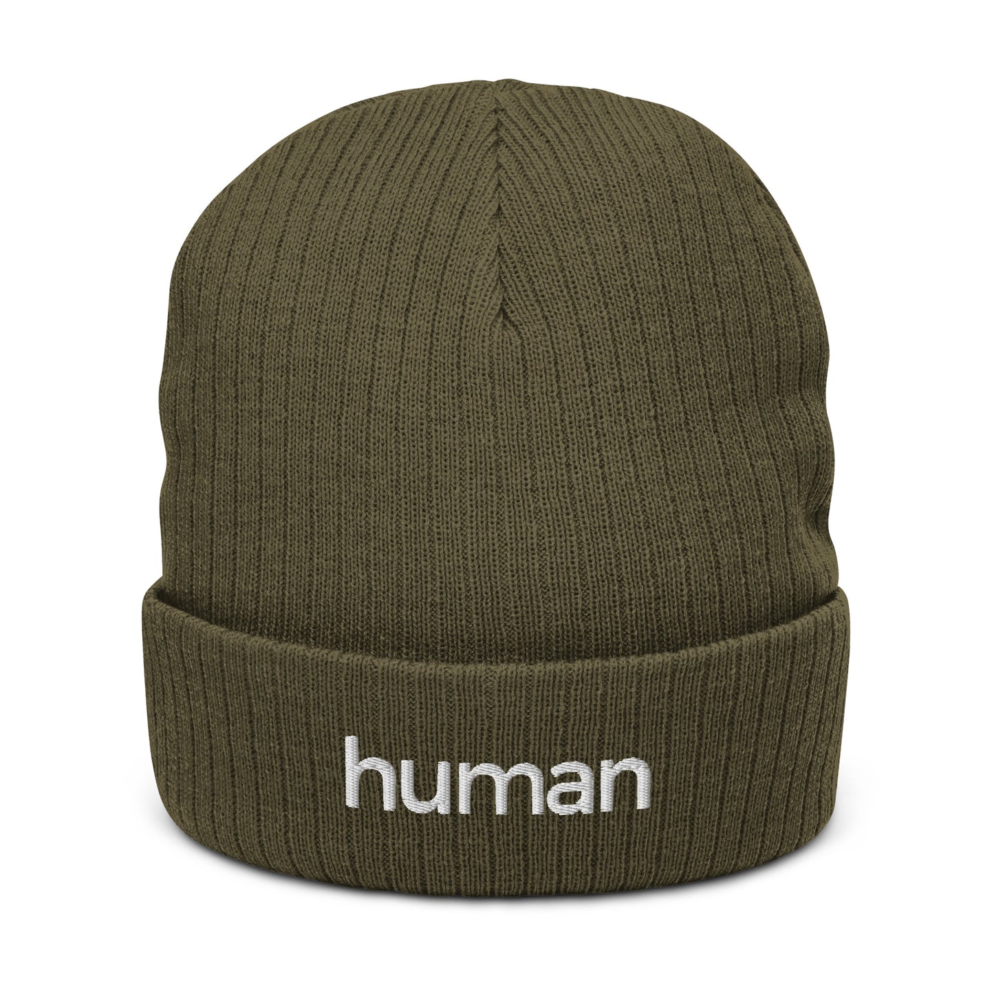 An olive green ribbed knit beanie with the word 'HUMAN' written on the fold.