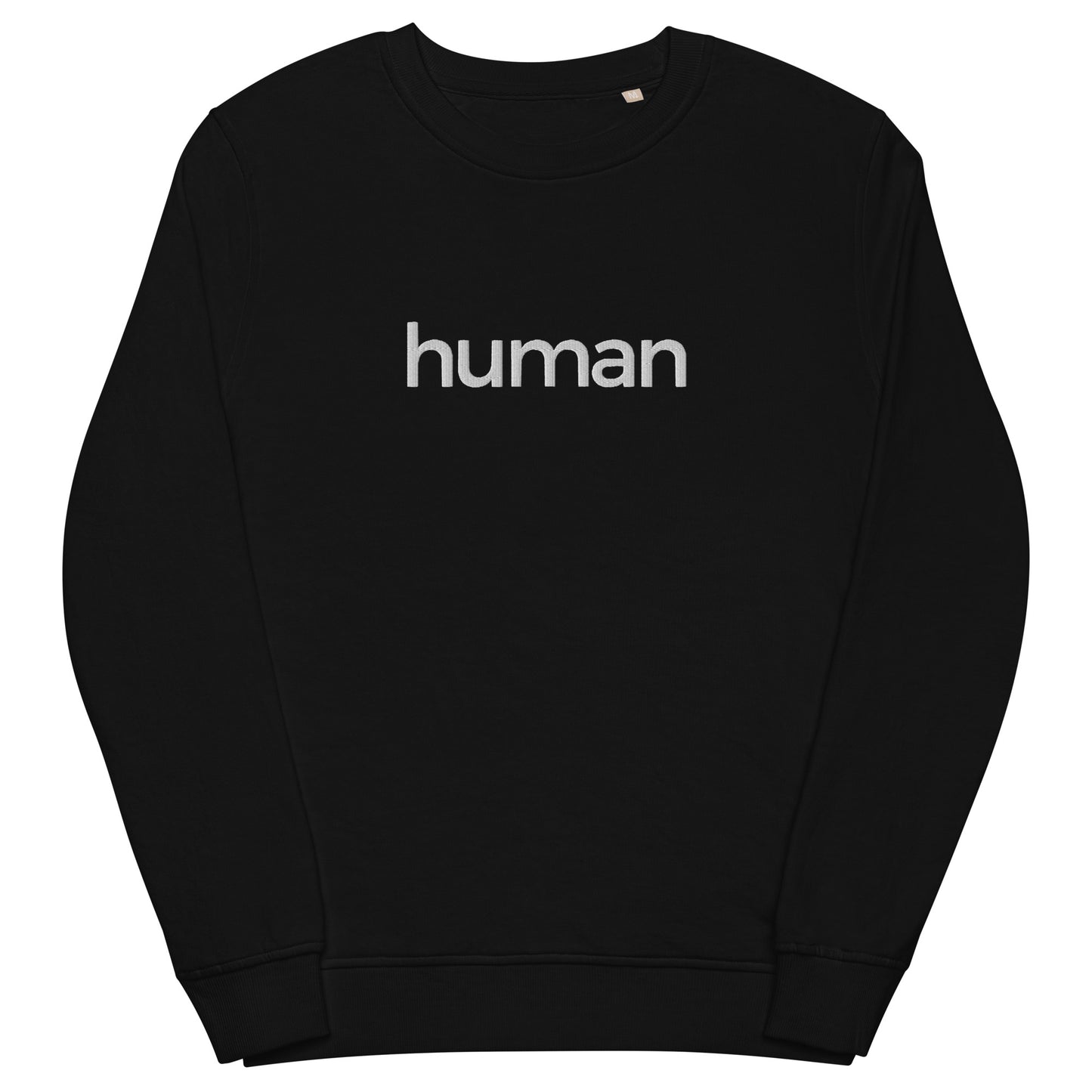 black sweatshirt with "human" graphic colored white