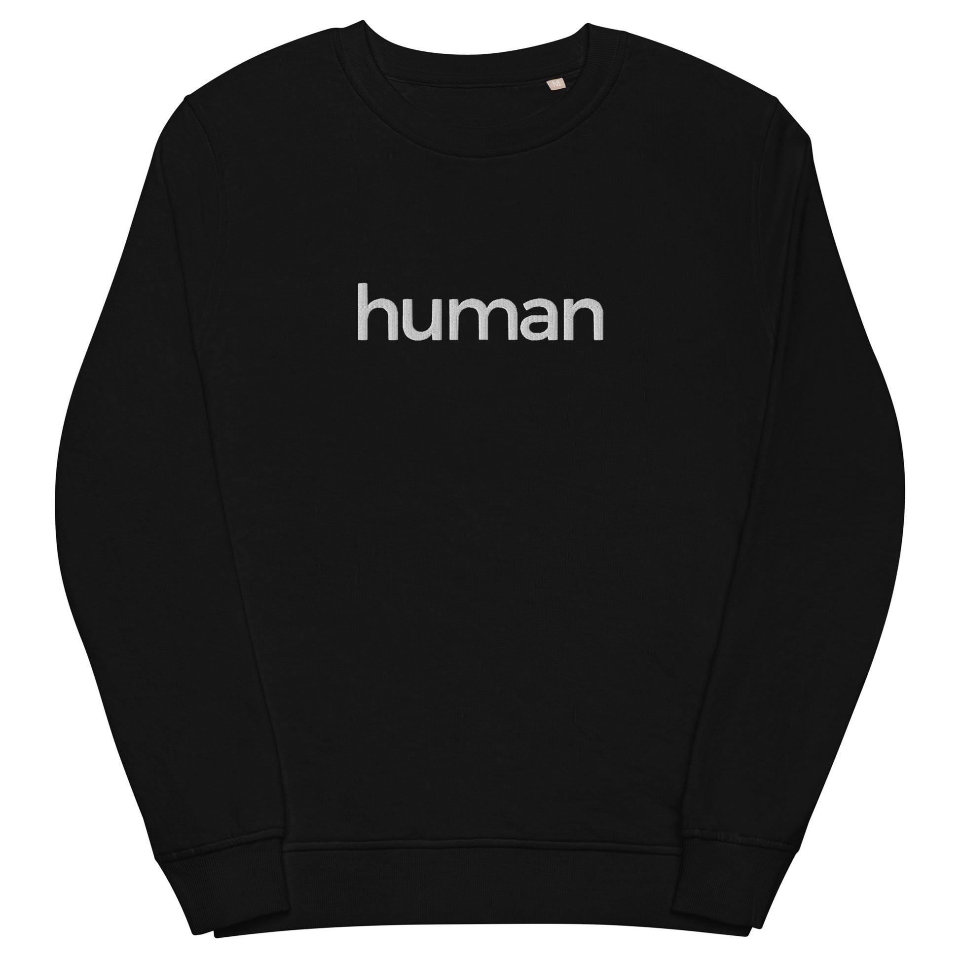 black sweatshirt with "human" graphic colored white