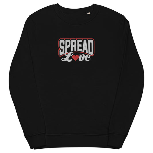 black sweatshirt with "spread love" graphic colored white with a red heart replacing the "o"