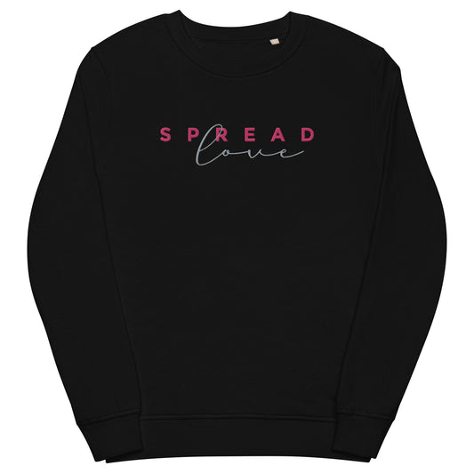 black sweatshirt with "spread love" graphic colored red and gray