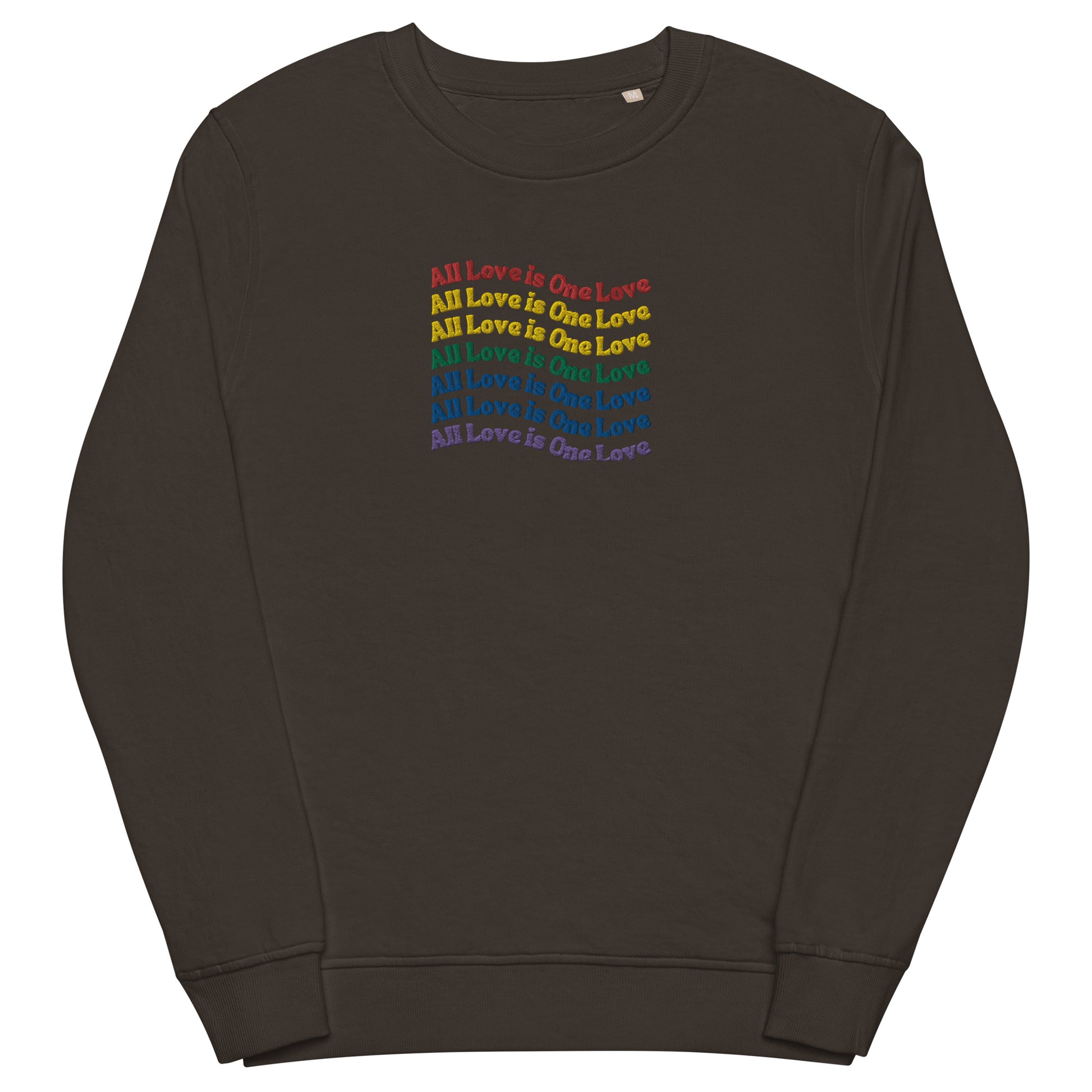 A charcoal sweatshirt with the text 'All Love is One Love' printed across the front in a rainbow colorful gradient