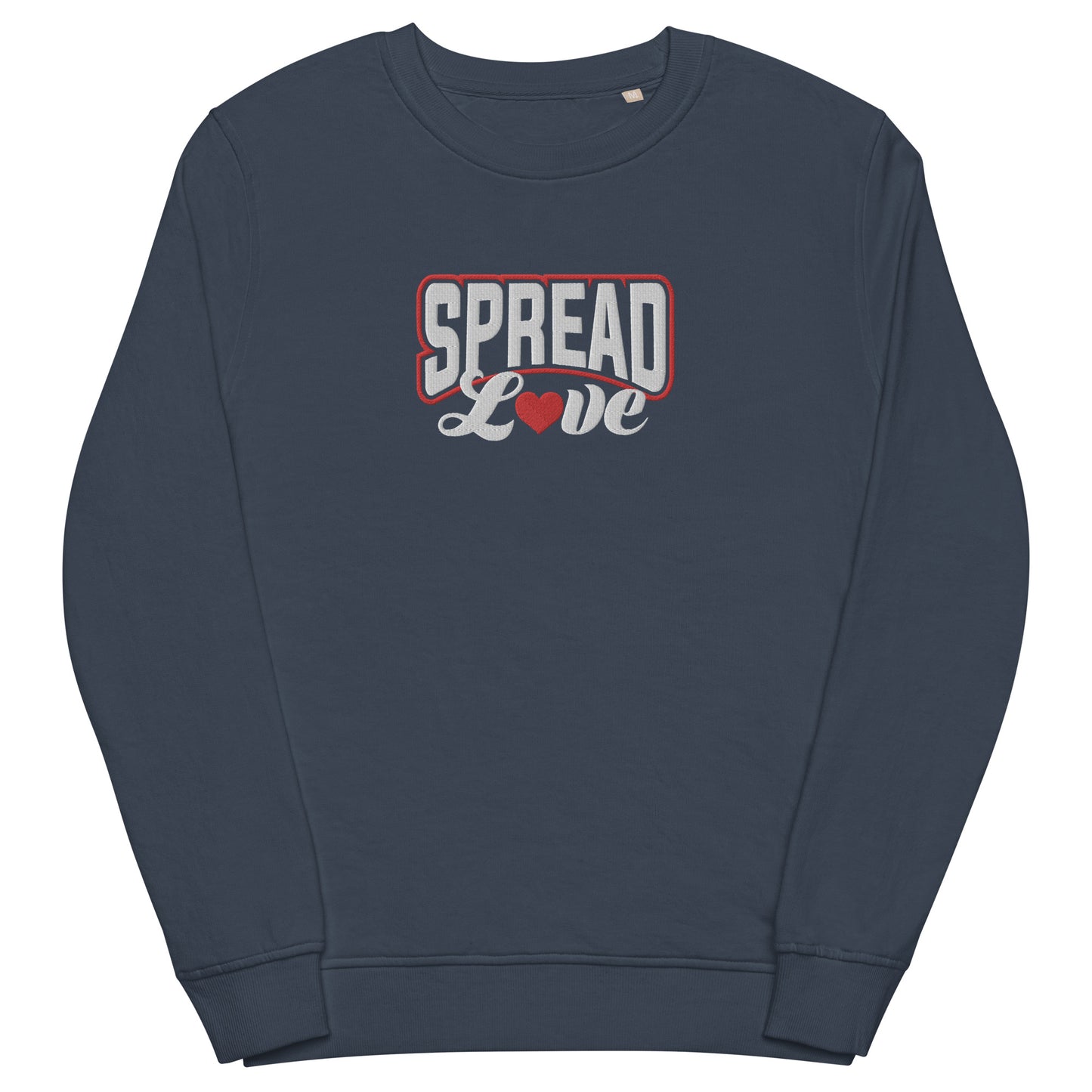 french navy sweatshirt with "spread love" graphic colored white with a red heart replacing the "o"