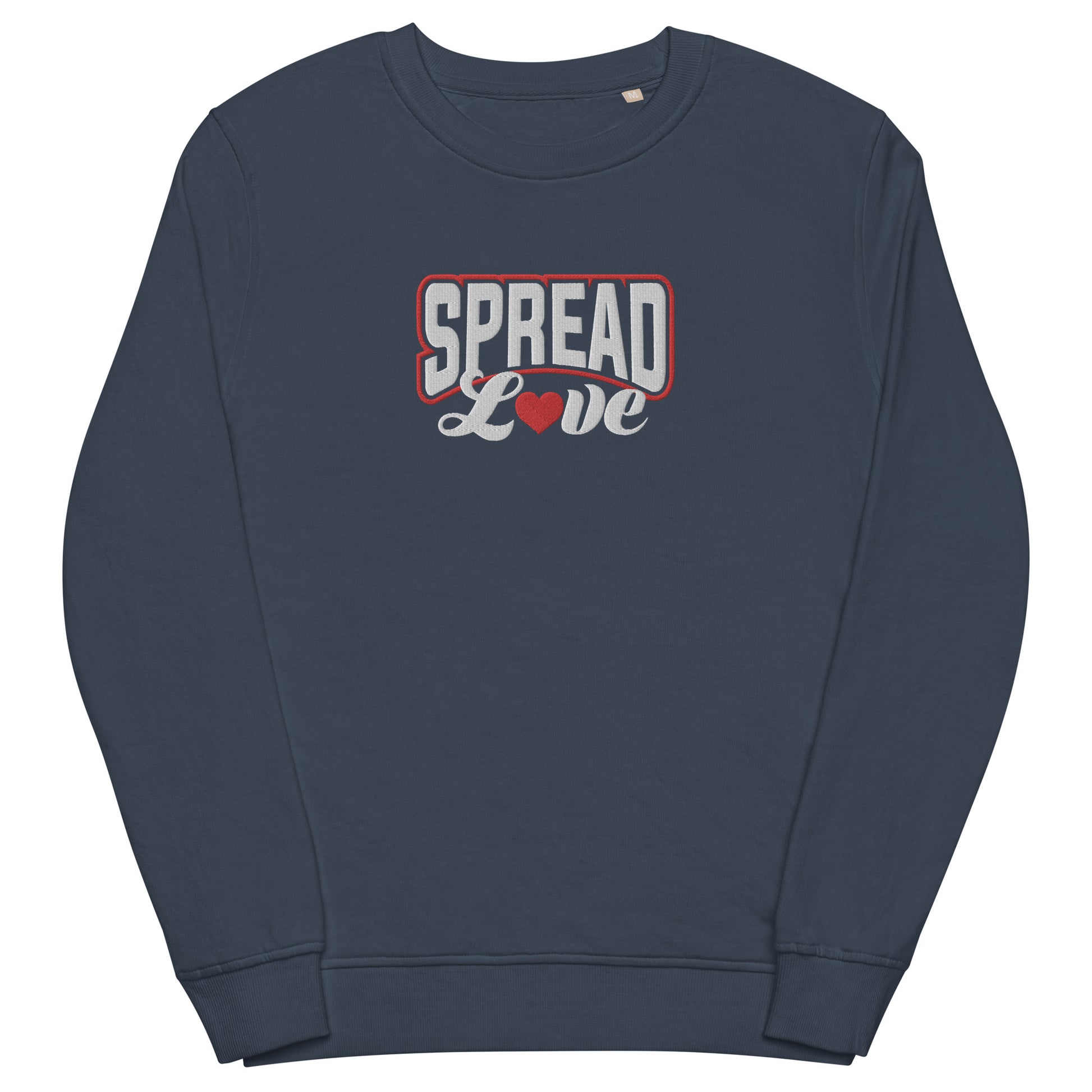 french navy sweatshirt with "spread love" graphic colored white with a red heart replacing the "o"